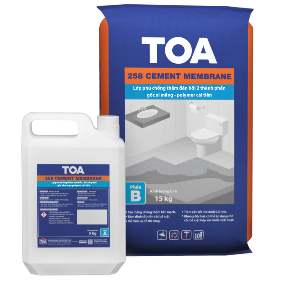 TOA 258 Cement Membrane (Lớp phủ chống thấm đàn hồi 2 thành phần gốc xi măng - polymer cải tiến) Bộ 20KG